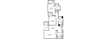 A floor plan of a house with a living room, two bedrooms, a terrace, a dining room, a kitchen, a laundry room, and a bathroom.
