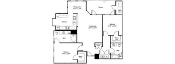 A floor plan of a house with a dining room, kitchen, bath, living room, terrace, and two bedrooms.