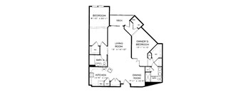 A floor plan of a house with a living room, dining room, kitchen, two bedrooms and a bathroom.