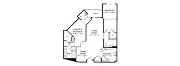 A floor plan of a house with a bedroom, living room, kitchen, dining room, and two bathrooms.