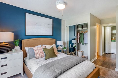 a bedroom with a bed and a blue wall and a closet
