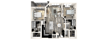 A 3D floor plan of a house with a kitchen, living room, and bedrooms.