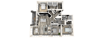 A detailed 3D floor plan of a house showing all rooms and their layouts.