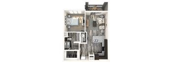 A 3D floor plan of a small apartment with a bedroom, living room, and kitchen.