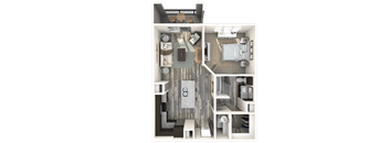 A 3D rendered image of a small apartment layout.