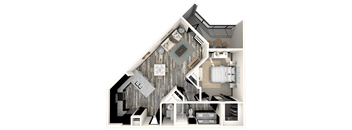 A 3D floor plan of a house with a kitchen, living room, and bathroom.