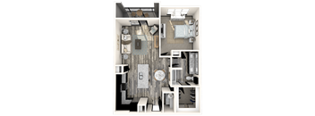 A 3D floor plan of a house with a living room, kitchen, and bedrooms.