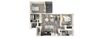 A 3D floor plan of a small apartment with a living room, kitchen, and bedroom.