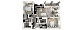 A detailed 3D floor plan of a house layout.