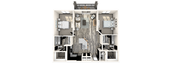 A top-down view of a house layout with a central living area, two bedrooms, a kitchen, and a bathroom.