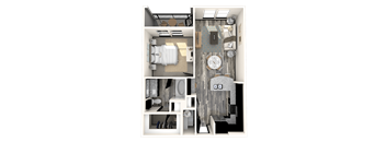 A 3D floor plan of a small apartment with a kitchen, living room, and bathroom.
