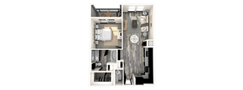 A 3D floor plan of a small apartment with a kitchen, living room, and bathroom.