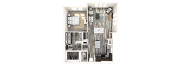 A 3D floor plan of a small apartment with a kitchen, living room, and bathroom.