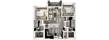 A 3D floor plan of a small apartment with a kitchen, living room, and bathroom.