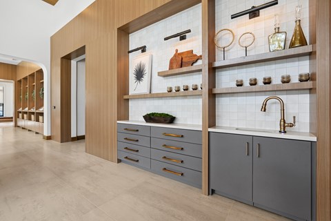 A kitchen with a sink and a counter with a plant on it.