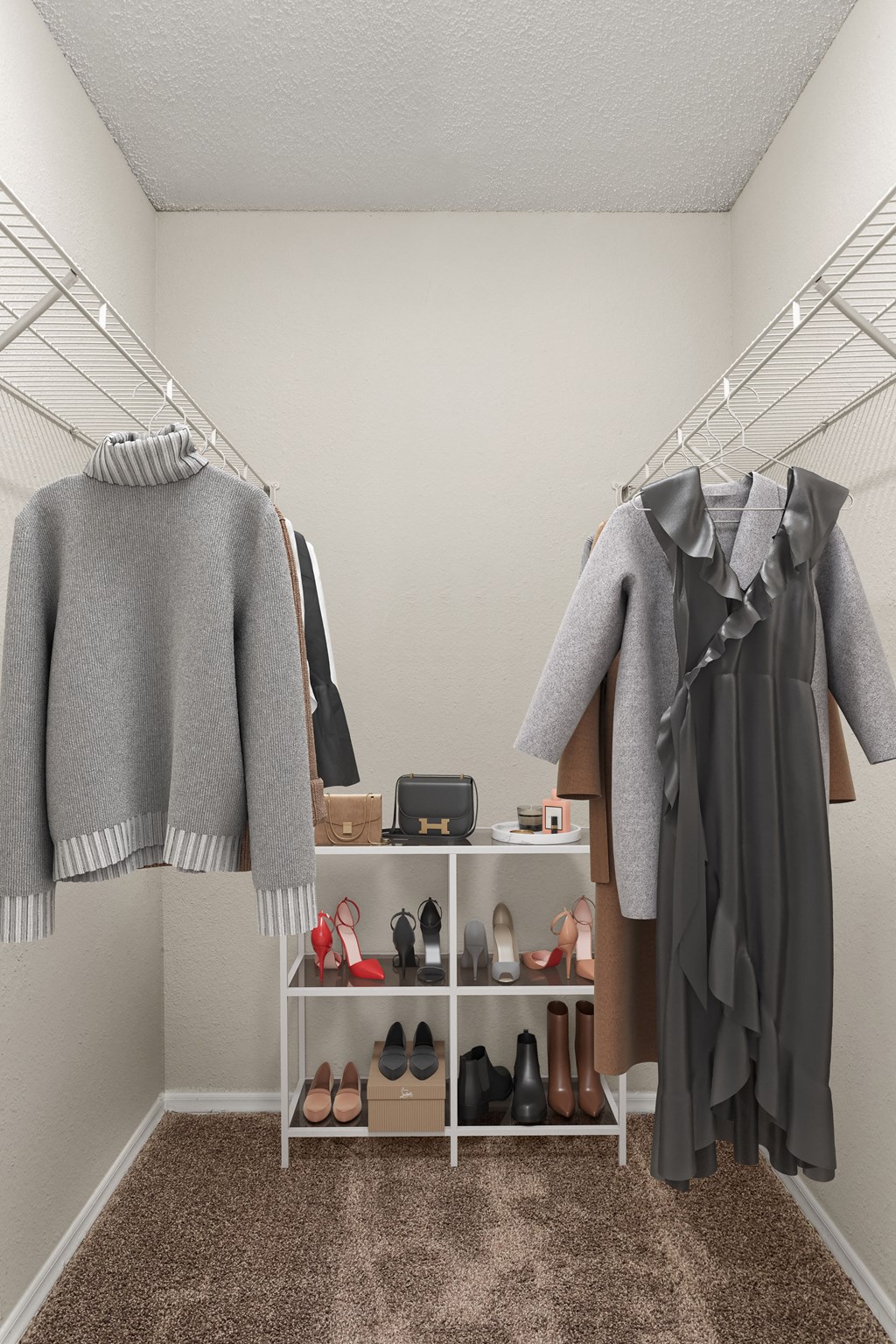 a walk in closet with a rack of clothes and a shelf with shoes