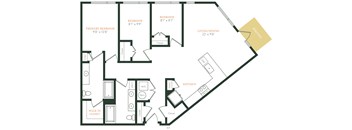 A floor plan of a house with a living room, two bedrooms, a kitchen, and a walk-in closet.