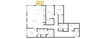 A floor plan of an apartment with a living room, dining room, kitchen, and three bedrooms.