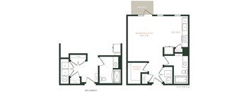 A floor plan of a home with a bedroom, living room, kitchen, and walk-in closet.