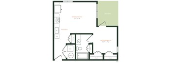 A floor plan of a small apartment with a kitchen, dining/living area, and an open bedroom.