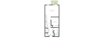 A floor plan of a small apartment with a living/dining area, kitchen, and bedroom.