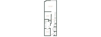 A floor plan of a home with a living/dining area, kitchen, and bedroom.