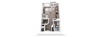 A 3D floor plan of a small apartment with a kitchen, living room, and bathroom.
