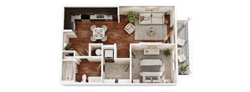 A top-down view of a living room with a couch, coffee table, and a bear-shaped decoration on the wall.