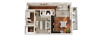 A top-down view of a room with a bed, couch, and a coffee table.