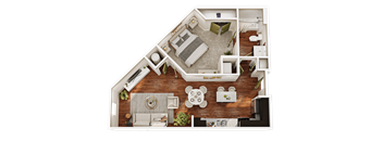 A top-down view of a house layout with a living room, kitchen, and bedrooms.