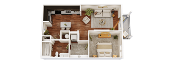 A top-down view of a room with a bed, couch, and kitchen area.