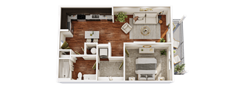 A top-down view of a living room with a couch, coffee table, and kitchen area.