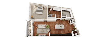 A top-down view of a living room with a couch, coffee table, and a bed.