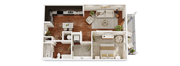 A top-down view of a living room with a couch, coffee table, and kitchen area.