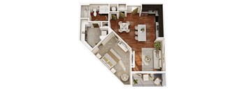 A top-down view of a modern apartment layout with a living room, dining area, kitchen, and bedrooms.