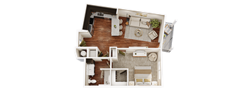 A top-down view of a small apartment layout with a living room, kitchen, and bedroom.
