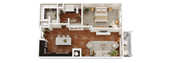 A top-down view of a room with a bed, couch, and dining table.