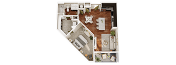 A top-down view of a living room, kitchen, and dining area.