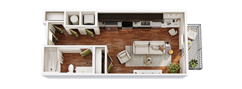 A top-down view of a living room with a kitchen area.