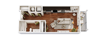 A top-down view of a living room with a couch, coffee table, and kitchen area.