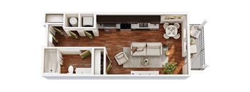 A 3D rendered image of a modern apartment layout.