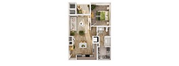 A floor plan of a small apartment with a bedroom, living room, and kitchen.