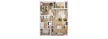 A floor plan of a small apartment with a bedroom, living room, kitchen, and bathroom.