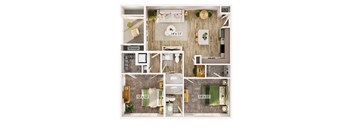 A floor plan of a small apartment with a kitchen, living room, and bathroom.