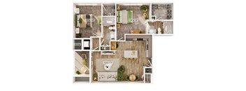 A detailed 3D floor plan of a small apartment layout.