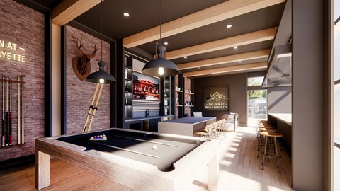 A room with a pool table and a bar area.