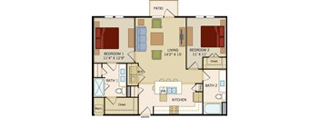 2 BD 2 Bath floorplan 1064 sqft