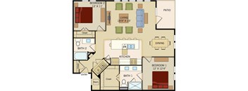 2 BD 2 Bath floorplan 1250 sqft