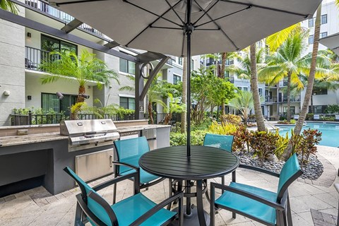 A patio with a table and chairs under an umbrella.