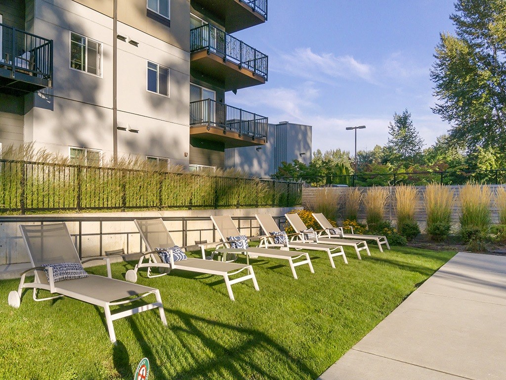 Outdoor lounge seating with views of Marymoor Park